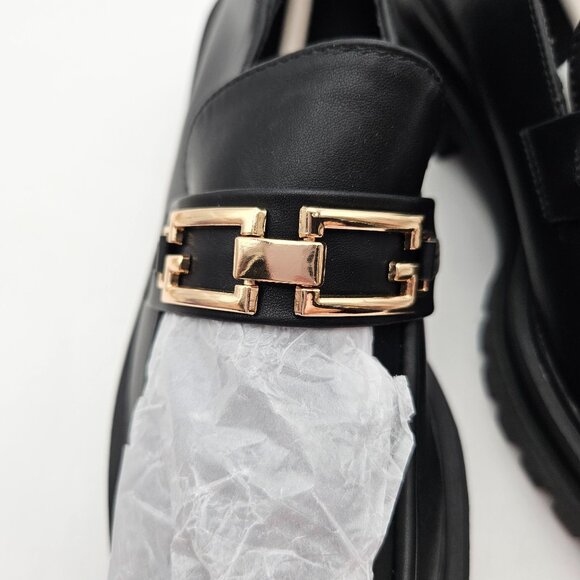 ZBY Black Vegan Leather Lug Sole Loafer Gold Tone Hardware Womens Sz 6.5 NEW - Picture 8 of 8
